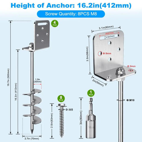Rock Solid 18 Inch Heavy Duty Ground Anchors 10mm Solid Steel Helix Screws With L Brackets dimensions and screw quantity diagram.