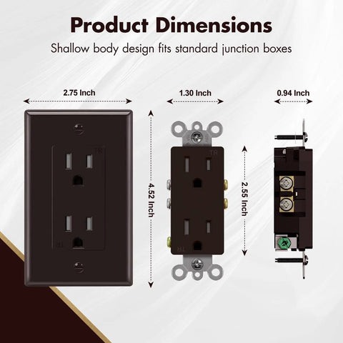 Brown Decorator Receptacle Outlet 15 Amp 125 Volt Tamper Resistant with Grounding and Wall Plate UL Listed dimensions shown