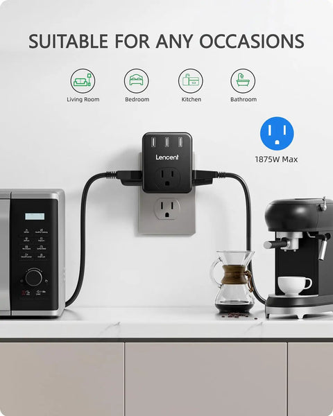 Three Way Wall Outlet Extender With Three AC Outlets And Three USB Ports No Fuss Wall Charger in kitchen setting