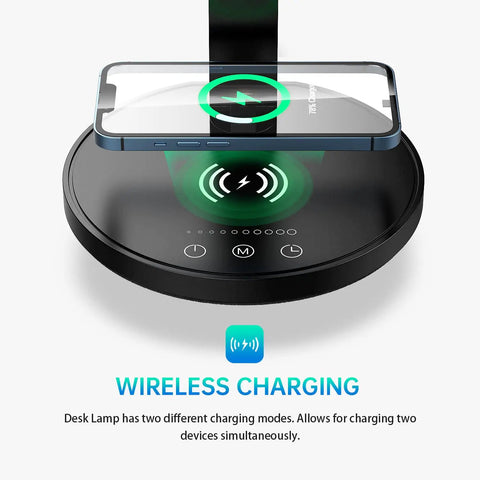 LED Desk Lamp With Wireless Charger And USB Port, 5 Color Modes And 5 Brightness Levels, Easy Touch Dimmer, Auto Off Timer 30 Or 60 Minutes, Eye Caring Desk Light For Home Office, Black showing wireless charging feature with smartphone