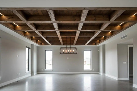 Indoor space featuring a wooden coffered ceiling illuminated with lights, showcasing Hella Durable Reactive Water Based Voc Free Interior Wood Stain 55 Gallon.