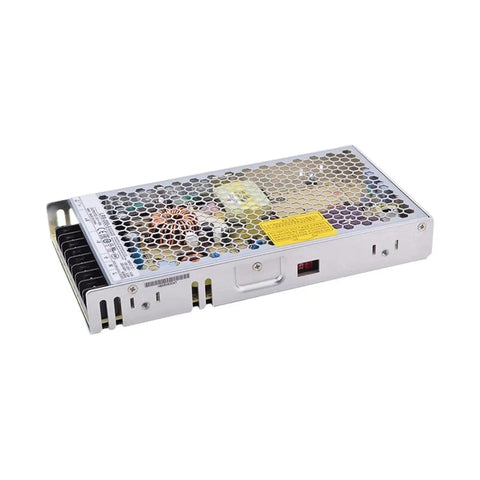 Rock Solid 200W 5V 40A Enclosed AC-DC Power Supply With Single Output for Industrial Use, Fanless Design, Wide Temperature Range -25C to 70C, High Efficiency, Ultra Low Standby Power, Burn-In Tested, 3-Year Warranty. Silver metal 1U enclosed power supply with honeycomb vent cover
