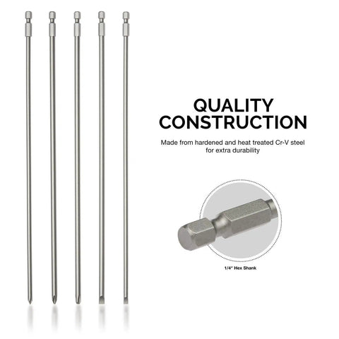 Extra Long 12 Inch Bit Set For Power Drivers 5 Piece Cr V Steel Screwdriver Bits Phillips and Slotted with hex shank detail