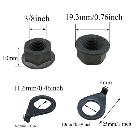 Detailed view of Three Eighths Inch Black Bike Hub Flange Nut Kit with washers, showing measurements for bike security.