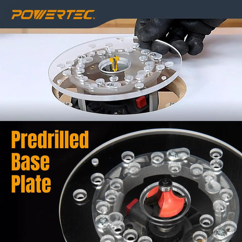 Close-up of predrilled base plate for Trim Router Table With Base Plate And Predrilled Holes No Frills Adjustable Fence Dust Port And Transparent Bit Guard