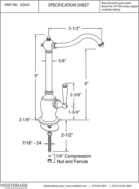 Specification sheet of 9-Inch Old School Victorian Style Cold Water Dispenser Faucet With Single Lever Handle, Satin Nickel Finish.