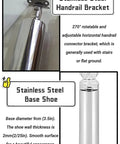 Stainless Steel Handrail Bracket and Base Shoe for stairs, adjustable 270° mount, enhancing safety and style.