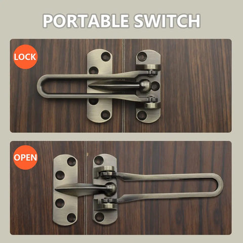 Heavy Duty Swing Bar Door Lock Keeps Your Front Door Locked Down Tight With Quick Peek Viewer Solid Zinc Alloy Build In Warm Antique Brass, showing lock and open positions.
