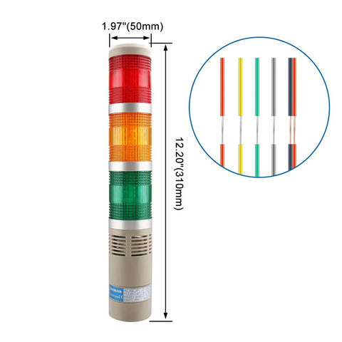 Heavy Duty Compact Round LED Tower Signal Light With Red Green Yellow Flash Warning Indicators For Industrial Machines side view with size details