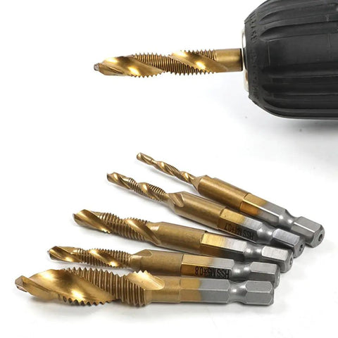 Pro Grade 6 Piece Drill and Tap Set With HSS Titanium Bits for NC Threads shown with quick change hex shank in drill