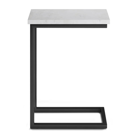 C Shaped Metal Side Table With Genuine White Marble Top For Living Room Or Home Office Space Saving End Table That Slides Under Sofa 18 In Wide By 24 In High Sleek And Slick Modern Accent with black iron frame.