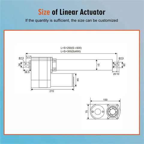Size dimensions of Heavy Duty Electric Linear Actuator 12V 24V 48V Waterproof IP66 Telescopic Push Rod 1000kg Load Capacity