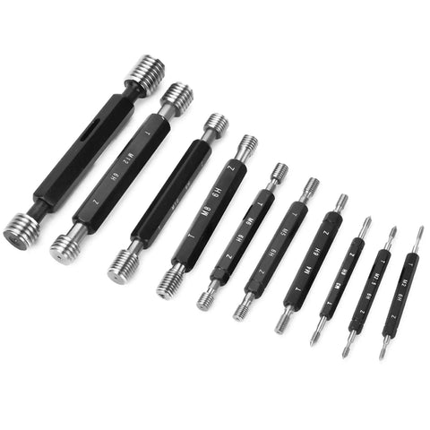 10 Piece Thread Plug Gauge Set With Double End Through Stop For Metric Thread Inspection High Precision Tool in black and silver.