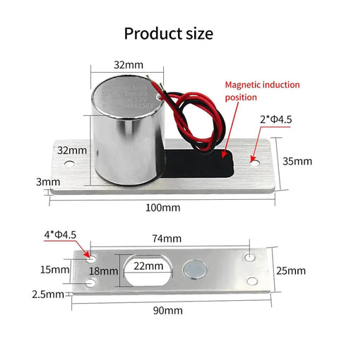 Premium Grade Ironclad Waterproof Drop Bolt Door Lock size dimensions showing magnetic induction component and housing measurements.