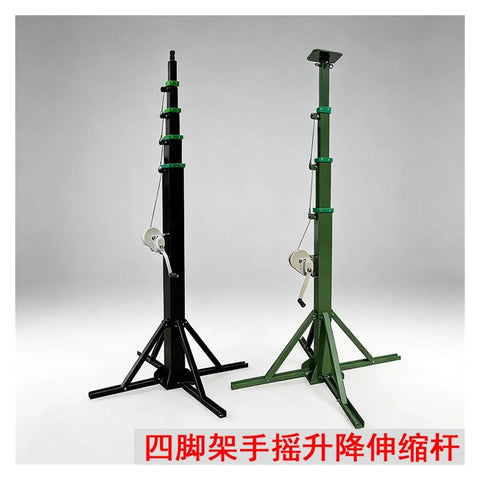 Two Hand Crank Telescopic Masts With Quadripod Base extending three to ten meters in black and green for lighting and camera use.