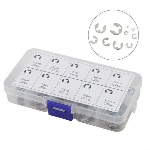 E Clip Circlip Retaining Ring Set In 304 Stainless Steel 120 Piece Assortment Kit with 12 sizes in clear case