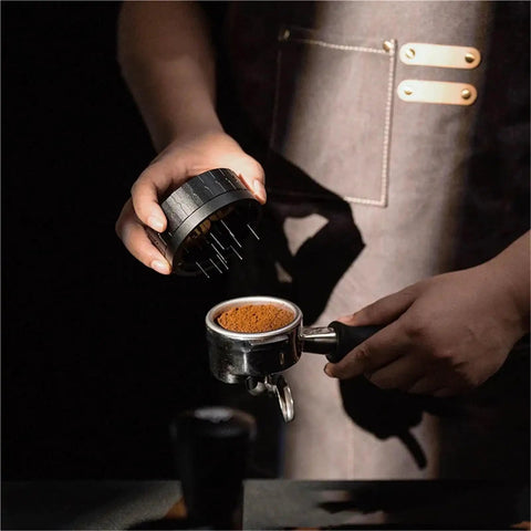Killer Precision Espresso Coffee Grounds Distributor Needle For Portafilter Puck Prep Tools, showing user leveling coffee grounds.