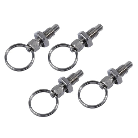 Solid As A Rock 4 Piece Stainless Steel Indexing Plunger Pins With Spring Loaded Knobs For Precision Positioning Heavy Duty Furniture Assembly And Industrial Mounting Gear, showing 4 stainless pins with loops.