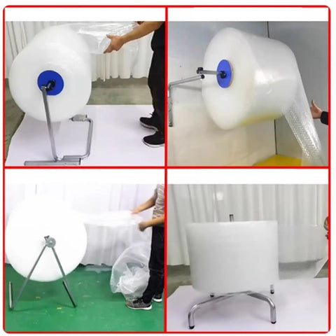 Heavy Duty Wall Mount Bubble Wrap Dispenser For Warehouse Stock Roll Stand, showing usage of bubble wrap rolls in various angles.