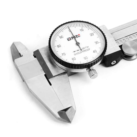 Close-up of Pro Grade Stainless Steel Dial Caliper 6 Inch Measuring Micrometer With Lockable Head, showing dial and jaws.