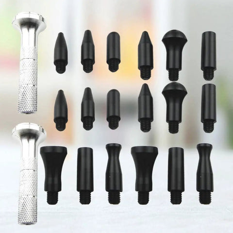 Premium Two Piece Auto Body Dent Repair Kit With Slick Dent Remover Pen And Drop In Heads for easy dent pulling in silver and black.