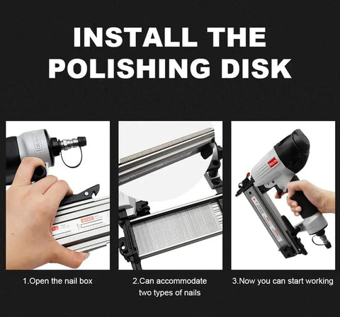 Top Shelf 18 Gauge Pneumatic Brad Nailer And Crown Stapler Combo showing installation steps for nail box and tool usage.