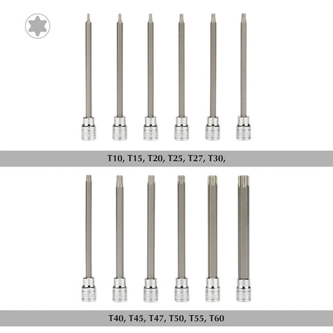 12 Piece 3/8 Inch Drive Extra Long Torx Bit Socket Set With CR V Chrome Vanadium And S2 Steel Bits, sizes T10 through T60