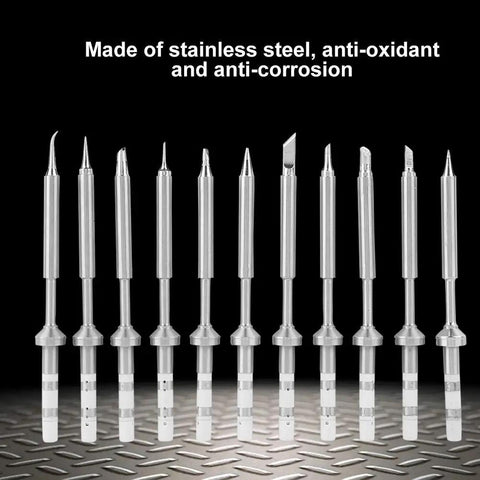 Mini Soldering Iron Tips Set For TS100, 11Pcs Stainless Steel Replacement Tips displayed in a line on a metal surface