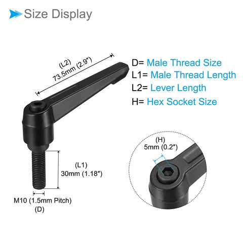 Heavy Duty M10 Quick Release Clamping Lever Handles dimensions, black aluminum, 73.5mm lever length, hex socket, precision lathe machinery.