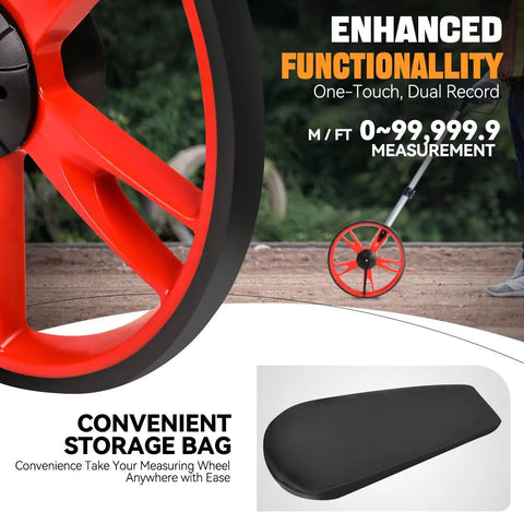 Digital Measuring Wheel With Three Section Foldable Frame And Bright LED Display For Quick Garden Survey And Land Counting, close-up view of red wheel and storage bag.