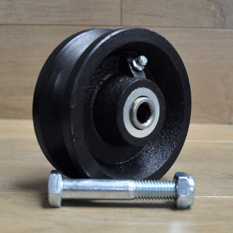 4-inch V-groove gate wheel with axle bolt and nut for sliding gates, heavy-duty cast iron.