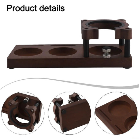 Adjustable Espresso Tamping Station Built From Premium Sapele Wood Handles 51-58mm Portafilters with detailed view of tool holder.