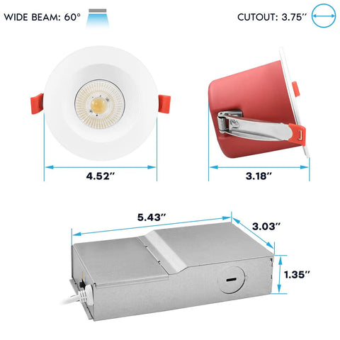 Straight Up Tough 4 Inch LED Recessed Downlights With Integrated J Box dimensions showing a downlight, housing, and junction box.