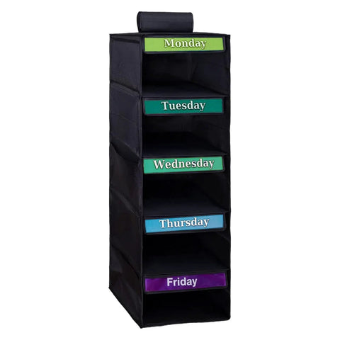 Multipurpose Hanging Closet Rack With Five Built In Dividers Weekly Garment Sorter space saving kids organizer with pockets for each day.