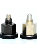 Top Shelf M8 Indexing Plunger No Locking Nut Required Built Tough With Dead Nuts Precision And Slick Finish Ideal For Heavy Duty Mechanical Projects And Shop Floor Grind Work Pro Level Hardware You Can Trust two indexing plungers in black and silver, hexagonal base, solid steel construction.