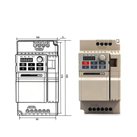 Rock Solid 3.7 kW VFD Inverter With 220V 380V Variable Frequency Drive For Industrial Motors And Low Voltage Applications, front view with dimensions