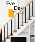 Rock Solid Black Wrought Iron Stair Posts And Modern Decorative Balusters For Decks Porches And Stairs With Heavy Duty Flat Mount Brackets Top Shelf Home Exterior Upgrade Pack Of Twenty Forty One Inches Tall on staircase with wood rail.