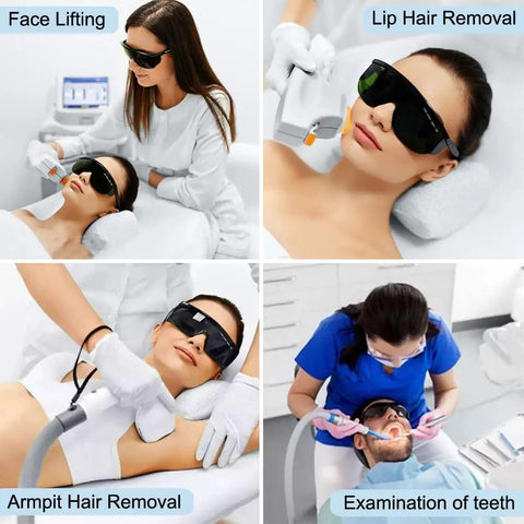 IPL Laser Safety Glasses With Broad Spectrum Eye Protection Shield Your Eyes During Red Light Therapy And Hair Removal, worn during various beauty treatments.
