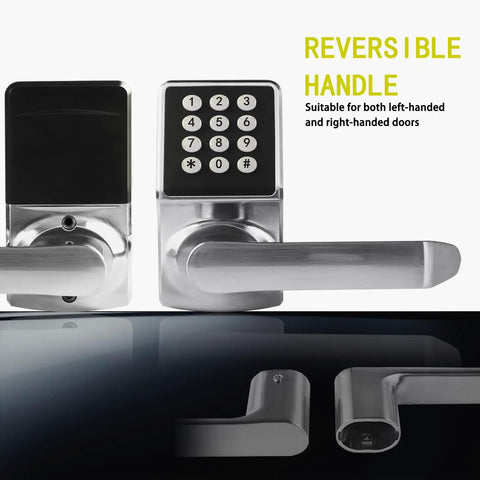 Slick Keyless Entry Door Lock With Handle Offering Hassle Free Digital Keypad And Ic Card Access For Fast Home Or Apartment Use Super Easy Install In Solid Satin Nickel Finish, reversible handle design.