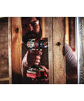 Worker using 20V Max Cordless Drill Driver Kit With Two Batteries And Charger, One Half Inch Chuck, Brushless Motor Delivers Fifty Percent Longer Runtime, 370 MWO High Power, And Eighteen Hundred RPM For Quick Drills And Tough Fastening Workhorse on wooden beam