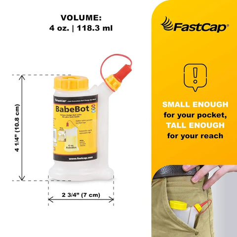 BabeBot 4-Ounce Wide Mouth Glue Bottle With Replaceable Tips, No Drip Design, Yellow and White in pocket with measurement details