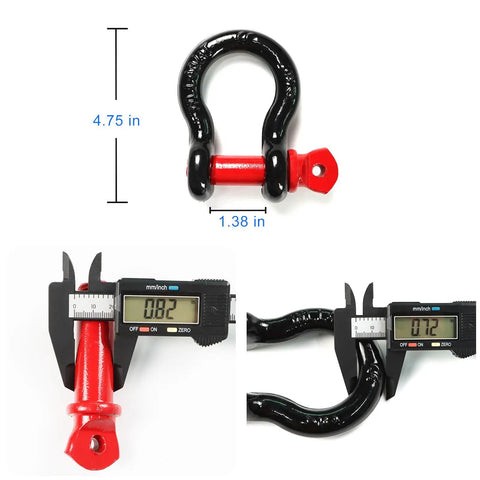 Close-up of 2 Pack 0.75 Inch D Ring Shackles Beefy Heavy Duty Forged Steel Screw Pin Shackles WLL 4.75T with caliper measurements.