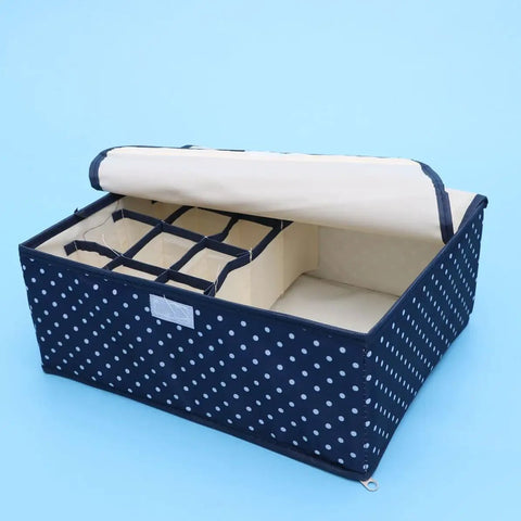 Grid Multi Compartment Underwear Storage Box Oxford Cloth Closet Organizer Collapsible Fabric Drawers Bins with polka dots open