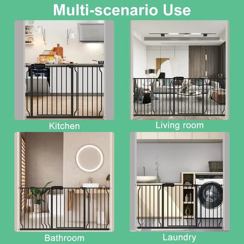 Extra Wide Pressure Mounted Baby Gate Walk Through for Kids and Pets With Extension, black gate in kitchen, bathroom, laundry.