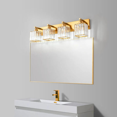 Four Light Vanity Light In Gold Brushed Brass Finish With Clear K9 Crystal For Bathroom Wall Sconce Lighting Modern Sleek Luxury Fixture