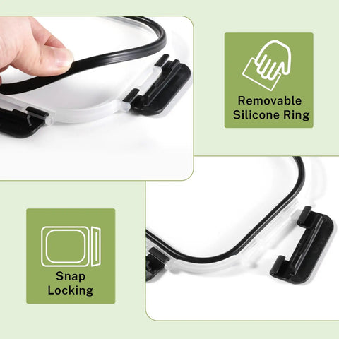 Close-up of snap locking lid with removable silicone ring for 8 Pack Borosilicate Glass Food Storage Containers With Lids For Grab And Go Meal Prep And Lunches, Airtight Snap Lock Bento Boxes That Are Oven Safe, Freezer Safe, And Dishwasher Safe, BPA Free Kitchen Storage Set.