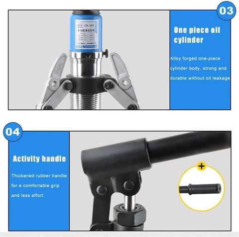 Heavy Duty Forged Steel Hydraulic Gear Puller Featuring Quick Swap Two Or Three Jaws with an alloy forged oil cylinder and rubber handle.