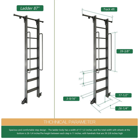 87 Inch Telescoping Aluminum Rolling Step Ladder With Four Foot Hook Track Kit Adjustable Heights 87 96 108 120 Inches 11 Inch Step Spacing 51 Inch Handrail Pro Grade Heavy Duty Library Ladder For Home Garage Workshop, black technical view with track and dimensions