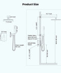 Dimensions diagram of Chrome Polished Shower Faucet Set With 12 Inch Square Rainfall Showerhead, Wall Mount System, 2 In 1 Handheld