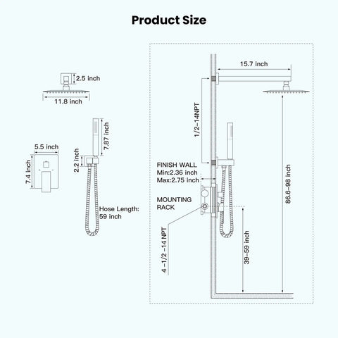 Dimensions diagram of Chrome Polished Shower Faucet Set With 12 Inch Square Rainfall Showerhead, Wall Mount System, 2 In 1 Handheld